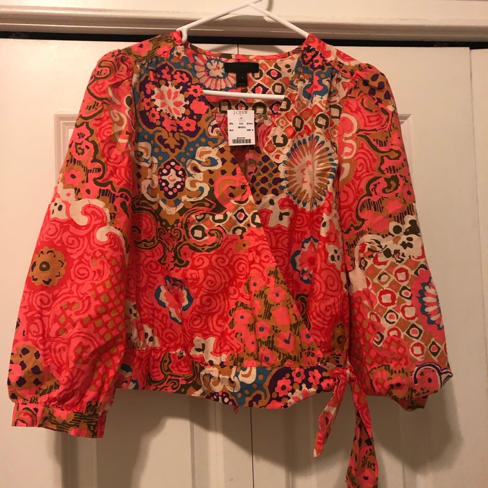 JCrew long sleeve patterned top with faux wrap